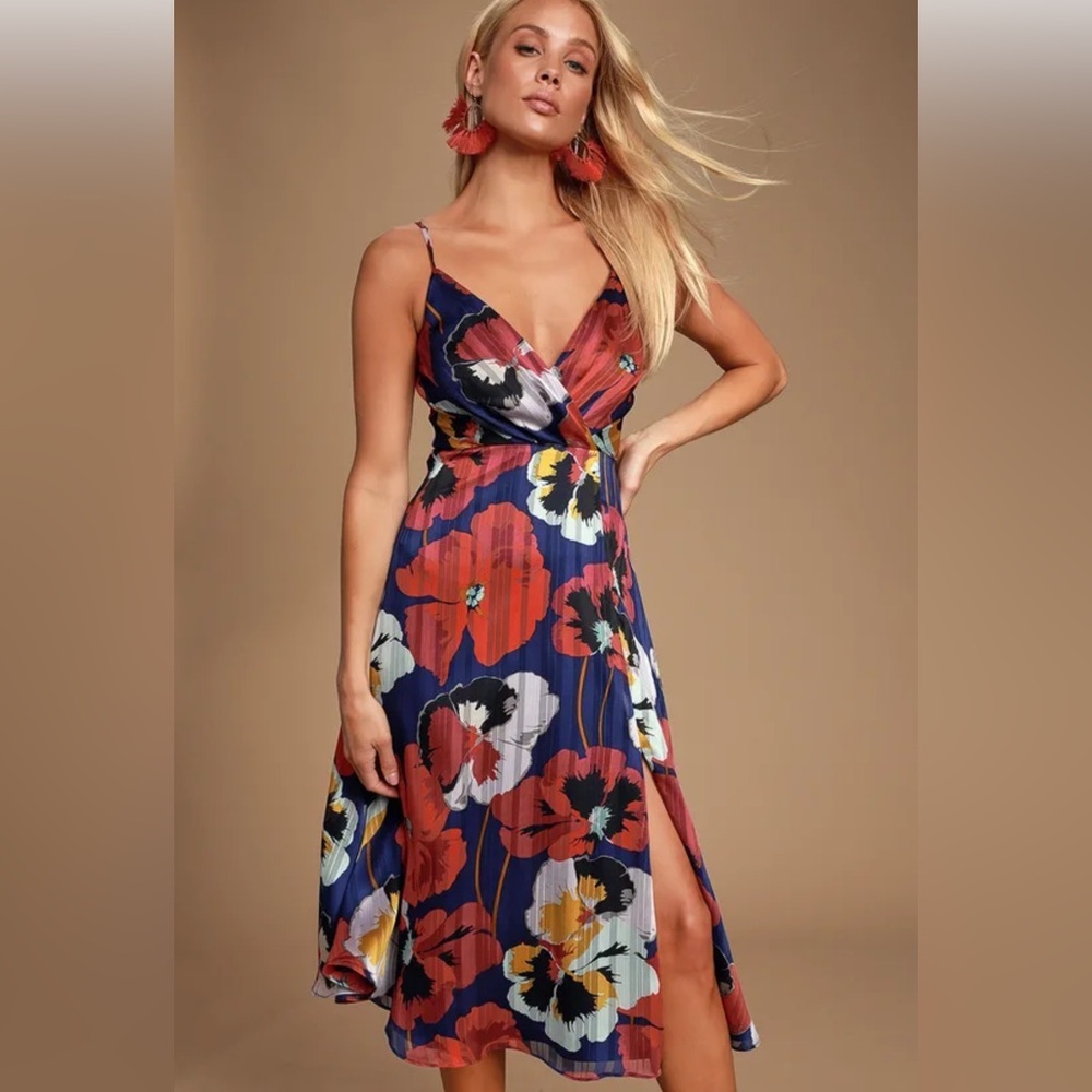 Lulus All About Love Royal Blue Floral Print Midi Dress - Size XS